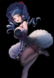 Rule 34 | 1girl, artist request, black background, black bow, black choker, black dress, black footwear, black gloves, black hair, bow, breasts, choker, curly hair, dizzy dokuro, dress, flower, frilled dress, frilled hat, frills, gloves, hat, highres, large breasts, multiple hat bows, official art, open mouth, pantyhose, partially fingerless gloves, phase connect, pointy ears, puffy sleeves, red eyes, red flower, second-party source, shibari, solo, virtual youtuber