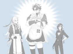 Rule 34 | 1girl, 2boys, :|, absurdres, alternate costume, apron, arm at side, ascot, bandaged arm, bandages, bow, cane, clorinde (genshin impact), closed eyes, closed mouth, collar, commentary request, crossed arms, dress, enmaided, formal, frilled apron, frilled collar, frills, genshin impact, gloves, greyscale, hair between eyes, hand on own hip, head tilt, highres, iori147, jacket, legs apart, long dress, long hair, long sleeves, looking at another, maid, maid headdress, monochrome, multicolored hair, multiple boys, neuvillette (genshin impact), open clothes, open jacket, over-kneehighs, pant suit, pants, scar, scar on face, shirt, short dress, short hair, short sleeves, sleeves past wrists, standing, suit, suit jacket, thigh strap, thighhighs, two-tone hair, very long hair, vest, waist apron, wriothesley (genshin impact)