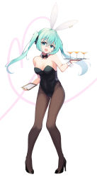 Rule 34 | 1girl, absurdres, animal ears, aqua eyes, aqua hair, bad id, bad pixiv id, bare shoulders, black bow, black bowtie, bow, bowtie, cocktail glass, commentary, cup, detached collar, drinking glass, fake animal ears, full body, hatsune miku, heart, high heels, highres, holding, holding menu, holding tray, leotard, long hair, looking at viewer, menu, open mouth, pantyhose, playboy bunny, rabbit ears, rabbit girl, sango 30, smile, solo, tray, twintails, vocaloid, white background