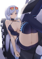Rule 34 | 1girl, absurdres, azur lane, bare arms, bare shoulders, blue footwear, blue skirt, blush, boots, breasts, cleavage, collarbone, commentary, enterprise (azur lane), enterprise (wind catcher) (azur lane), eyewear on head, highres, large breasts, legs up, long hair, looking at viewer, lordol, lying, official alternate costume, on back, parted lips, ponytail, purple eyes, simple background, skirt, smile, solo, sunglasses, symbol-only commentary, thigh boots, thighhighs, thighs, white background