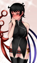 Rule 34 | 1girl, alternate hair length, alternate hairstyle, aoshima, arm behind back, asymmetrical wings, bare shoulders, black hair, black skirt, black thighhighs, blush, breasts, closed mouth, commentary request, cowboy shot, ear blush, embarrassed, flying sweatdrops, hand on own face, highres, houjuu nue, large breasts, lipstick, looking away, makeup, microskirt, o-ring, o-ring bottom, short hair, skirt, sleeveless, solo, sparkle, sweat, thighhighs, touhou, very short hair, wings