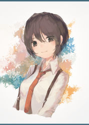 Rule 34 | 1girl, bad id, bad pixiv id, blush, breasts, brown eyes, brown hair, closed mouth, floral background, head tilt, highres, long sleeves, looking at viewer, necktie, original, red necktie, shirt, short hair, small breasts, solo, suspenders, suzukami, upper body, white shirt
