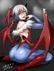 Rule 34 | 1girl, animal print, ass, backless outfit, bare shoulders, bat print, blue pantyhose, boots, breasts, bridal gauntlets, capcom, demon girl, demon wings, fang, head wings, high heel boots, high heels, highres, leotard, lilith aensland, looking at viewer, low wings, naughty face, open mouth, pantyhose, purple hair, red eyes, seductive smile, shibara tetsu, shibusun, shiny clothes, shiny skin, short hair, sitting, small breasts, smile, solo, thong leotard, tongue, tongue out, vampire (game), wariza, wings