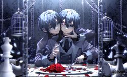 Rule 34 | 2boys, blue eyes, blue hair, brothers, cage, chain, ciel phantomhive, flower, frilled sleeves, frills, highres, holding, holding knife, knife, kuroshitsuji, long sleeves, looking at viewer, male focus, multiple boys, noki ice, purple eyes, red flower, red rose, rose, siblings, twins, upper body