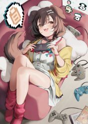 Rule 34 | 1girl, :3, animal collar, animal ears, bone hair ornament, braid, breasts, brown eyes, brown hair, cartoon bone, collar, couch, dog ears, dog girl, dog tail, dress, fangs, futo-inu, hair ornament, handheld game console, highres, holding, holding handheld game console, hololive, hoso-inu, inugami korone, inugami korone (1st costume), jacket, listener (inugami korone), long hair, looking at viewer, low twin braids, lying, medium breasts, nintendo switch, off shoulder, on back, open mouth, pillow, playstation controller, red collar, red socks, smug, socks, solo, speech bubble, tail, tateno 777, twin braids, virtual youtuber, white dress, xbox controller, yellow jacket