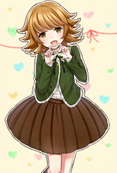 Rule 34 | 1boy, :d, blush, brown eyes, brown hair, brown skirt, collared shirt, commentary request, crossdressing, danganronpa: trigger happy havoc, danganronpa (series), fujisaki chihiro, green jacket, heart, heart hands, jacket, kneehighs, long sleeves, looking at viewer, male focus, nico (nico alice), open clothes, open jacket, open mouth, pleated skirt, ribbon, shirt, short hair, skirt, smile, socks, solo, trap, white shirt