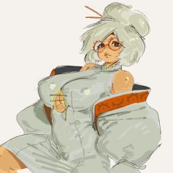 Rule 34 | 1girl, bare shoulders, breasts, brown eyes, cleavage, glasses, highres, khentaiu, large breasts, lips, looking at viewer, nintendo, purah, simple background, solo, the legend of zelda, the legend of zelda: tears of the kingdom, white hair