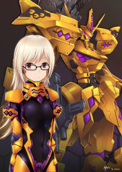 Rule 34 | 1girl, ayato mabu, blonde hair, borrowed character, breasts, glasses, gun, highres, holding, holding gun, holding weapon, looking to the side, mecha, muv-luv, muv-luv alternative, muv-luv total eclipse, original, pilot suit, purple eyes, robot, short hair, small breasts, type 00 takemikazuchi, visor, weapon