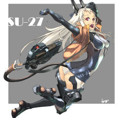Rule 34 | 1girl, arms behind head, bigegg, bodysuit, bullpup, cable, cable tail, gun, gun sling, highres, horizontal magazine, long hair, mecha musume, mechanical, mechanical tail, midair, open mouth, original, p90, personal defense weapon, personification, red eyes, simple background, solo, submachine gun, tail, teeth, thighhighs, vest, weapon, white hair