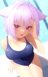 Rule 34 | 1girl, absurdres, ahoge, animal ears, arm up, bare arms, bare shoulders, blue one-piece swimsuit, breasts, cat ears, cat girl, cleavage, cowboy shot, from above, highres, hololive, large breasts, looking at viewer, medium hair, nanome to, nekomata okayu, one-piece swimsuit, open mouth, purple eyes, purple hair, sitting, solo, swimsuit, virtual youtuber
