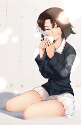 Rule 34 | 10s, 1girl, bandaid, bandaid on face, blue jacket, brown eyes, brown hair, commentary, cup, day, emblem, fence, girls und panzer, green shirt, highres, holding, jacket, lens flare, light smile, long sleeves, looking at viewer, military, military uniform, miniskirt, mityubi, ooarai military uniform, outdoors, parted bangs, pleated skirt, rabbit, sawa azusa, scar, scar on face, scar on nose, shirt, short hair, sitting, skirt, solo, steam, teacup, uniform, white skirt, yokozuwari