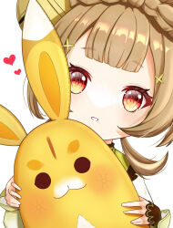 Rule 34 | 1girl, 1other, absurdres, animal, animal ears, artist name, atsuki picture, bell, blush, bow-shaped hair, brown hair, closed mouth, dress, flower, genshin impact, green dress, hair bell, hair flower, hair ornament, hands up, heart, highres, holding, holding animal, long sleeves, looking at viewer, multicolored eyes, puffy long sleeves, puffy sleeves, rabbit, rabbit ears, red eyes, shirt, short hair, simple background, smile, standing, teeth, white background, white shirt, yaoyao (genshin impact), yellow eyes, yellow flower, yellow fur, yuegui (genshin impact)