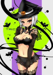 Rule 34 | 1girl, :o, bad id, bad pixiv id, bat (animal), black panties, black thighhighs, blush, breasts, brown eyes, choker, cleavage, clothes pull, food-themed hair ornament, hair ornament, halloween, hat, jack-o&#039;-lantern, large breasts, midriff, miniskirt, navel, original, panties, pumpkin, pumpkin hair ornament, see-through, short hair, silk, silver hair, skirt, skirt pull, solo, spider web, t-track, t-track (artist), thighhighs, trick or treat, underwear, witch hat