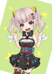 Rule 34 | 1girl, :d, bad id, bad pixiv id, bare shoulders, black dress, blue eyes, blush, breasts, claw pose, cleavage, cleavage cutout, clothing cutout, commentary request, dress, green background, grey hair, hair ornament, hairclip, hands up, head tilt, kaguya luna, large breasts, looking at viewer, obi, open mouth, red thighhighs, reo (re2kn), round teeth, sash, shirt, sidelocks, sleeveless, sleeveless dress, smile, star (symbol), teeth, the moon studio, thighhighs, twintails, two-tone background, upper teeth only, virtual youtuber, white background