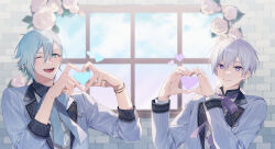 Rule 34 | 2boys, aiue o eiua, backlighting, blue bow, blue bowtie, blue eyes, blue hair, blurry, blurry background, bow, bowtie, bracelet, brick wall, closed mouth, commentary request, flower, formal, heart, heart hands, highres, idolish7, jewelry, light blue hair, long sleeves, looking at viewer, male focus, mezzo&quot;, multiple boys, one eye closed, open mouth, osaka sougo, pinstripe pattern, pinstripe suit, purple bow, purple bowtie, purple eyes, purple hair, ring, rose, shirt, sleeves rolled up, smile, striped, suit, upper body, white flower, white rose, white shirt, white suit, window, yotsuba tamaki