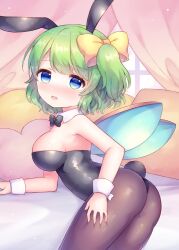 Rule 34 | 1girl, animal ears, ass, bare shoulders, black leotard, black pantyhose, blue eyes, blush, bow, bowtie, breasts, coa (chroo x), commentary request, daiyousei, detached collar, fairy, fairy wings, fake animal ears, fake tail, green hair, hair bow, hand on own thigh, large breasts, leotard, looking at viewer, medium breasts, one side up, open mouth, pantyhose, playboy bunny, rabbit ears, rabbit tail, short hair, side ponytail, solo, strapless, strapless leotard, tail, thighs, touhou, wings, wrist cuffs, yellow bow