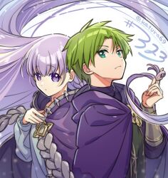 Rule 34 | 1boy, 1girl, absurdres, blue eyes, cape, closed mouth, fire emblem, fire emblem: the binding blade, green hair, highres, holding another&#039;s hair, juria0801, long hair, long sleeves, looking at viewer, nintendo, purple cape, purple eyes, purple hair, raigh (fire emblem), short hair, sophia (fire emblem), twitter username, upper body, very long hair, white background