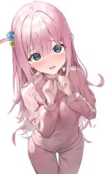 Rule 34 | 1girl, @ @, blush, bocchi the rock!, breasts, cube hair ornament, full-face blush, gotoh hitori, hair ornament, highres, jacket, long hair, long sleeves, looking at viewer, medium breasts, one side up, pants, pink hair, pink jacket, pink pants, ruka tou, simple background, solo, sweatdrop, track jacket, track pants, very long hair, white background