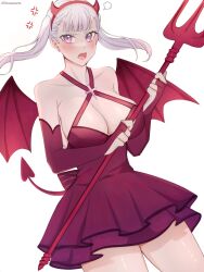 Rule 34 | 1girl, alternate costume, anger vein, artist name, black clover, blush, breasts, cleavage, demon horns, demon tail, demon wings, dress, earrings, fake horns, fake tail, fake wings, grey hair, highres, holding, holding pitchfork, horns, jewelry, large breasts, long hair, looking at viewer, noelle silva, open mouth, pitchfork, purple eyes, red dress, rizaavana, simple background, solo, spoken anger vein, tail, twintails, white background, wings