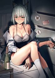 Rule 34 | 1girl, absurdres, animal ear fluff, animal ears, arknights, bare shoulders, between legs, blush, bottle, breasts, camisole, cigarette, cleavage, collarbone, cup, drinking glass, green eyes, hand between legs, highres, holding, holding cigarette, jacket, kal&#039;tsit (arknights), looking at viewer, material growth, off shoulder, oripathy lesion (arknights), raised eyebrow, short hair, silver hair, sitting, socks, thighs, white jacket, white legwear, zhili xingzou