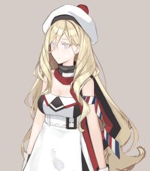 Rule 34 | 1girl, bad id, bad twitter id, bare shoulders, beret, blonde hair, blue eyes, cowboy shot, dress, grey background, hair between eyes, hat, kantai collection, long hair, looking to the side, mikoto (oi plus), mole, mole under eye, mole under mouth, multicolored clothes, multicolored dress, multicolored scarf, pom pom (clothes), richelieu (kancolle), scarf, simple background, solo, strapless, strapless dress, very long hair