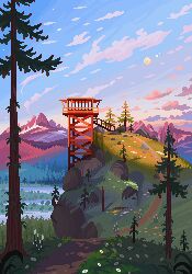Rule 34 | blue sky, bush, cloud, commentary, day, english commentary, fire lookout tower, flower, forest, full moon, jubilee (8pxl), moon, mountain, nature, no humans, original, outdoors, path, pixel art, plant, railing, road, rock, scenery, shadow, sky, sunset, tree, water, white flower