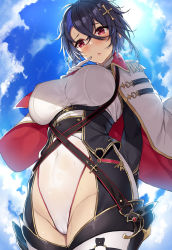 Rule 34 | 1girl, arm behind back, azur lane, blue sky, blush, breasts, cameltoe, cape, cloud, covered navel, cross hair ornament, crossed bangs, day, epaulettes, foch (azur lane), from below, groin, hair between eyes, hair ornament, hand up, highleg, highleg leotard, large breasts, leotard, long sleeves, looking down, outdoors, parted lips, raised eyebrows, sky, solo, sparkle hair ornament, sweat, thighhighs, white leotard, xe (execut3r)
