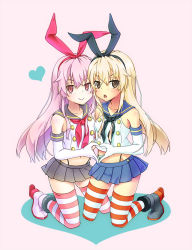 Rule 34 | 10s, 1girl, :&gt;, alternate color, black panties, blonde hair, crop top, dual persona, elbow gloves, gloves, hairband, heart, heart hands, heart hands duo, kantai collection, long hair, looking at viewer, md5 mismatch, open mouth, panties, personification, pink hair, player 2, shimakaze (kancolle), skirt, smile, striped clothes, striped thighhighs, thighhighs, underwear, yoshimi kou