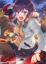 Rule 34 | 1boy, 1girl, 2021, black gloves, black skirt, blood, blood splatter, blue eyes, blue sky, blush, brown hair, brown pantyhose, christmas girl (itou), christmas tree, commentary request, fingerless gloves, fingernails, fur-trimmed headwear, fur trim, girl on top, gloves, grey jacket, hat, highres, holding, holding clothes, holding hat, hood, hood down, hoodie, incoming attack, incoming punch, itou (onsoku tassha), jacket, looking at viewer, merry christmas, miniskirt, nail polish, open clothes, open jacket, open mouth, original, pantyhose, pink nails, pleated skirt, pov, punching, santa claus, santa hat, sidelocks, signature, skirt, sky, snowing, straddling, tears, teeth, upper teeth only