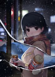 Rule 34 | 1girl, black hair, bra, breasts, brown eyes, can, canned coffee, cityscape, cleavage, coat, coffee, domestic na kanojo, drink can, duffel coat, floral print, from side, gloves, incoming drink, lingerie, looking at viewer, medium breasts, mittens, night, page tear, plaid, plaid scarf, print bra, revealing layer, sasuga kei, scarf, short hair, snow, snowing, solo, tachibana rui, underwear, winter, winter clothes, yellow bra