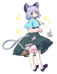 Rule 34 | 1girl, :3, animal ears, black footwear, bloomers, blue capelet, bobby socks, capelet, closed mouth, commentary request, dress, from behind, full body, grey dress, highres, jewelry, long sleeves, looking at viewer, looking back, mouse (animal), mouse ears, mouse tail, nazrin, partial commentary, pendant, red eyes, short hair, signature, silver hair, simple background, smile, socks, solo, standing, star (symbol), tail, touhou, umigarasu (kitsune1963), underwear, white background, white socks