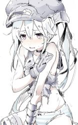Rule 34 | 1girl, abyssal ship, amputee, bow, bow panties, choker, commentary request, destroyer princess, hand on own arm, hat, kantai collection, no pants, panties, purple eyes, shirt, side ponytail, simple background, sitting, solo, striped clothes, striped panties, sumisu (mondo), sweatdrop, tears, torn clothes, torn shirt, underwear, white background, white hair