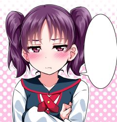 Rule 34 | 1girl, :t, blank speech bubble, blush, commentary request, crossed arms, halftone, halftone background, kazuno leah, long sleeves, looking at viewer, love live!, love live! sunshine!!, neck ribbon, purple eyes, purple hair, red ribbon, ribbon, solo, speech bubble, template, twintails, upper body, yopparai oni