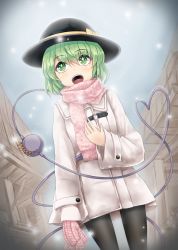 Rule 34 | 1girl, :o, alternate costume, belt, black hat, black pantyhose, bow, building, coat, dutch angle, eyeball, eyebrows, fringe trim, fuente, gloves, green eyes, green hair, hand on own chest, hat, hat bow, hat ribbon, heart, heart of string, highres, jewelry, komeiji koishi, legs apart, long sleeves, looking up, matching hair/eyes, mittens, open mouth, outdoors, pantyhose, pink scarf, ribbon, ring, scarf, short hair, single glove, smile, snowing, solo, third eye, touhou, unworn mittens, winter clothes, yellow bow, yellow ribbon