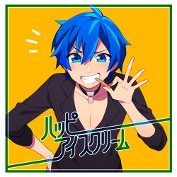 Rule 34 | 1boy, absurdres, acute (vocaloid), ahoge, black choker, black shirt, blue eyes, blue hair, blush, choker, clenched teeth, collarbone, commentary request, food, food in mouth, grin, guilty (module), hair between eyes, highres, holding, holding food, holding popsicle, kaito (vocaloid), long sleeves, looking at viewer, male focus, popsicle, popsicle in mouth, popsicle stick, shio ice, shirt, smile, smirk, solo, teeth, translated, v-neck, vocaloid, yellow background