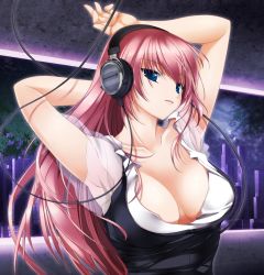 Rule 34 | 1girl, armpits, arms behind head, arms up, ashita yaru, avtechno!, blue eyes, breasts, cleavage, free (vocaloid), headphones, large breasts, long hair, megurine luka, pink hair, smile, solo, vocaloid