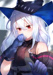 Rule 34 | 1girl, arknights, bare shoulders, black hat, black neckwear, blue gloves, blurry, blurry background, blush, breasts, commentary request, depth of field, dress, gloves, grey dress, hair between eyes, hands up, hat, highres, long hair, medium breasts, omelet tomato, parted lips, red eyes, see-through, silver hair, skadi (arknights), skadi (elite ii) (arknights), sleeveless, sleeveless dress, solo, sweat