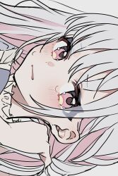 Rule 34 | 1girl, blush, close-up, closed mouth, hand on own shoulder, highres, long hair, looking at viewer, original, pink eyes, scared, solo, translucent hair, white hair, yuuki hajime