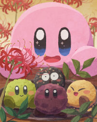 Rule 34 | blue eyes, blush stickers, brown footwear, closed mouth, flower, food, food focus, highres, kirby, kirby (series), looking at viewer, miclot, nintendo, no humans, ohagi (food), open mouth, red flower, shoes, smile, sparkling eyes, spider lily