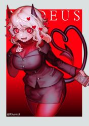 Rule 34 | 1girl, absurdres, black horns, black nails, blazer, breasts, bsapricot, demon girl, demon horns, demon tail, drooling, english text, heart, heart-shaped pupils, helltaker, highres, horns, jacket, large breasts, long sleeves, modeus (helltaker), nail polish, pantyhose, red background, red eyes, red pantyhose, red sweater, saliva, sweater, symbol-shaped pupils, tail, thighs, turtleneck, turtleneck sweater, twitter username, white hair