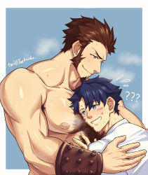 Rule 34 | 2boys, ?, absurdres, arm hair, blue eyes, blush, bracer, brown hair, chest hair, completely nude, cosplay, couple, eric bloodaxe (fate), eric bloodaxe (fate) (cosplay), face to pecs, facial hair, fate/grand order, fate (series), fujimaru ritsuka (male), goatee, highres, large pectorals, long sideburns, male focus, mature male, multiple boys, napoleon bonaparte (fate), nipples, nude, pectorals, short hair, sideburns, smile, sweatdrop, toned, toned male, upper body, yaekaidou, yaoi