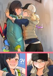 Rule 34 | !?, 2girls, azusawa kohane, black hair, blonde hair, blush, closed mouth, clothing request, commentary request, eye contact, graffiti, hat, headphones, headphones around neck, highres, kabedon, kagamine len, long hair, looking at another, mizuyoshi, multiple girls, nervous smile, open mouth, parted lips, project sekai, ringed eyes, shiraishi an, short hair, smile, vivid bad squad len, wavy mouth, yuri, zipper, zipper pull tab