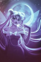 Rule 34 | 1girl, backlighting, bare shoulders, bishoujo senshi sailor moon, blue theme, bow, crescent, crescent facial mark, crescent moon, double bun, dress, earrings, eflunn (emilylunn), facial mark, gem, hair bun, highres, jewelry, lips, long hair, looking at viewer, monochrome, moon, moonlight, necklace, parted bangs, pearl (gemstone), pearl necklace, queen serenity, signature, smile, solo, strapless, strapless dress, twintails, very long hair