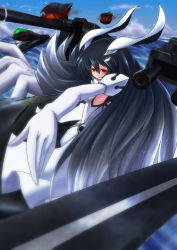 Rule 34 | 10s, 1girl, abyssal ship, anchorage water oni, black hair, enemy aircraft (kancolle), highres, horizon, horns, kantai collection, long hair, looking at viewer, machinery, ocean, pale skin, red eyes, shinako, turret