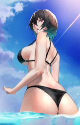 Rule 34 | 1girl, absurdres, ass, bikini, black bikini, black hair, blue sky, breasts, from behind, hair between eyes, highres, large breasts, looking at viewer, looking back, mitsukichi, original, outdoors, parted lips, partially submerged, red eyes, short hair, sky, solo, swimsuit, water