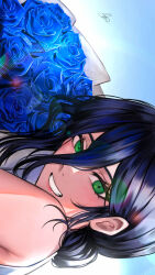 Rule 34 | 1girl, absurdres, asarizer, black hair, blue flower, blue rose, bouquet, chainsaw man, commentary, flower, green eyes, grin, hair behind ear, hair between eyes, highres, holding, holding bouquet, portrait, reze (chainsaw man), rose, sideways, signature, smile, solo