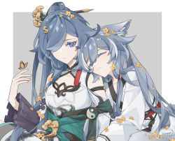 Rule 34 | 2girls, animal ears, bare shoulders, black hair, blue eyes, border, breasts, bug, butterfly, cat ears, china dress, chinese clothes, cleavage, closed eyes, closed mouth, dress, dual persona, fu hua, fu hua (azure empyrea), fu hua (herrscher of sentience), grey background, grey hair, hair between eyes, hair ornament, hair over one eye, hand on another&#039;s arm, head on another&#039;s shoulder, honkai (series), honkai impact 3rd, insect, looking at another, multicolored hair, multiple girls, san se ling, small breasts, smile, streaked hair, white dress, yellow butterfly, yin yang, yuri