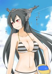 Rule 34 | 10s, 1girl, b-man, ball, bikini, black hair, blush, breasts, cleavage, cloud, day, female focus, gradient background, headgear, holding, holding ball, kantai collection, large breasts, long hair, nagato (kancolle), red eyes, smile, solo, standing, swimsuit, volleyball (object)