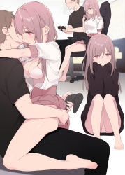 Rule 34 | 1boy, 1girl, absurdres, bare legs, barefoot, black pants, black shirt, black sweater, blush, bra, breasts, brown hair, chair, closed mouth, commentary request, controller, faceless, faceless male, from side, fujiyama, gaming chair, girl on top, hetero, highres, holding, holding controller, long hair, long sleeves, looking at viewer, medium breasts, miniskirt, multiple views, on lap, open clothes, open shirt, original, panties, pants, pantyhose, red eyes, red skirt, school uniform, shirt, shirt tucked in, short sleeves, sitting, skirt, sleeve cuffs, sleeves past wrists, straddling, straight hair, sweater, swivel chair, underwear, white bra, white panties