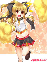 Rule 34 | 1girl, :d, bad id, bad pixiv id, blonde hair, blush, cheerleader, fang, highres, long hair, midriff, navel, open mouth, original, paopao, pom pom (cheerleading), ponytail, red eyes, skirt, smile, solo, star (symbol)